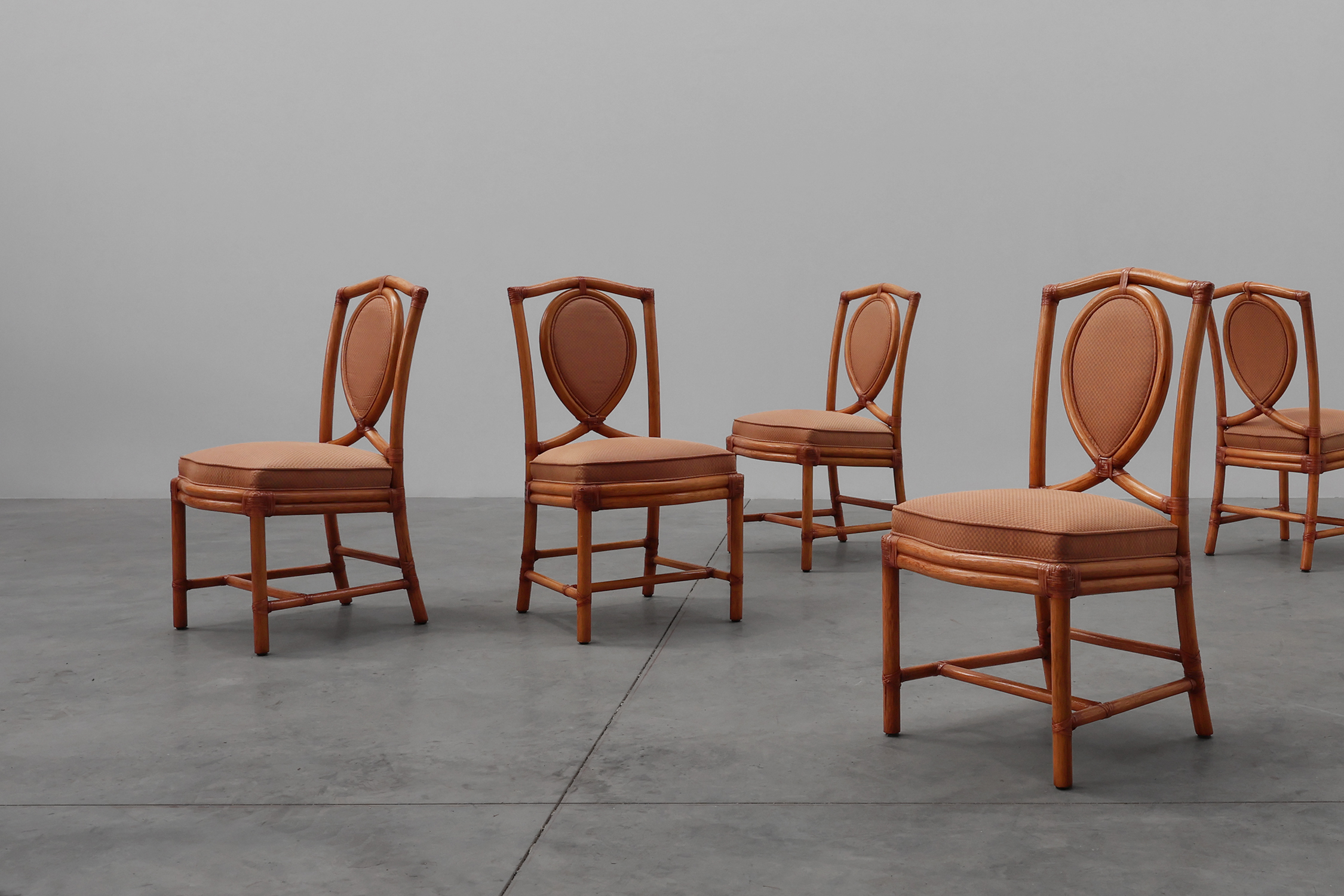 Set of 6 bamboo dining room chairs with geometric upholstery by Gasparucci, Italy 1980sthumbnail
